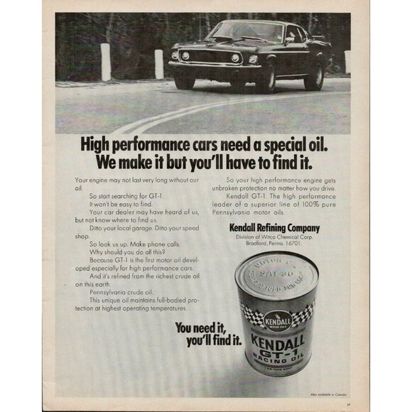 1970 Kendall GT-1 Motor Oil Vintage Print Ad (L12) - Picture 1 of 3